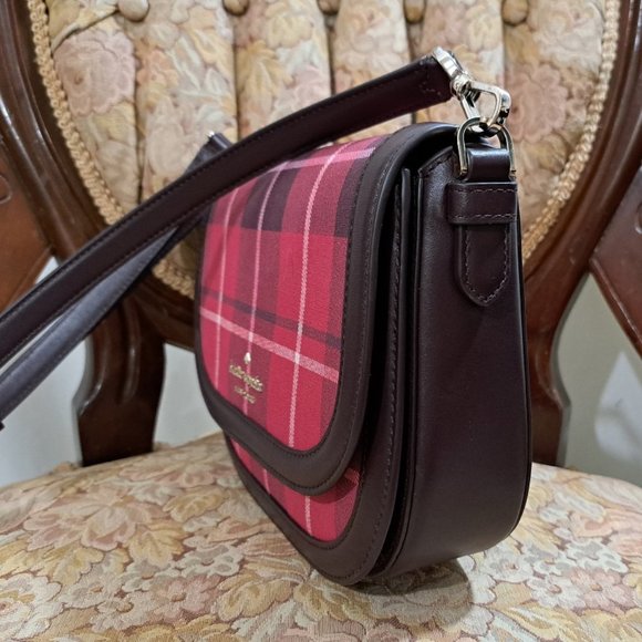 Kate Spade New York Blake Plaid Saddle Bag Cross Body Leather Shoulder Strap NWT - Picture 4 of 7